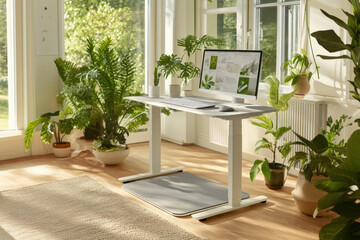 Poster - Bright home office with a standing desk, walking pad, and many houseplants