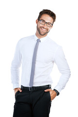 Fototapete - Studio, happy and businessman in portrait for ambition, corporate project and pride for career. Positive attitude, salesperson and smile with glasses for confidence, professional and white background