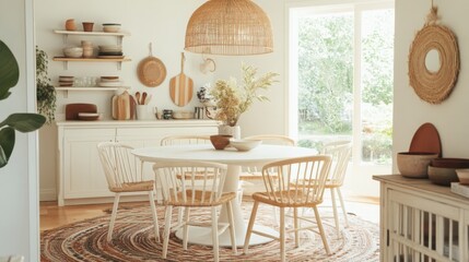 Poster - This stylish dining area showcases a round table surrounded by comfortable chairs, all illuminated by natural light streaming through large windows. The decor incorporates warm tones and textures.