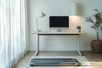 Poster - Modern home office with a walking pad placed under a standing desk, allowing for exercise during work
