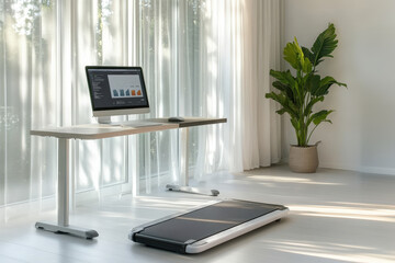 Poster - Walking treadmill positioned under a standing desk in a modern, minimalist home office, promoting a healthy work-life balance