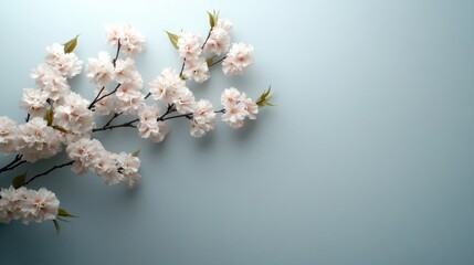 Poster - A branch of cherry blossoms showcases delicate pink and white petals against a soft blue backdrop, inviting a fresh and tranquil spring vibe