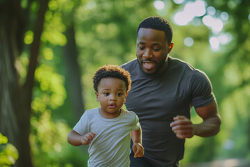 Happy african american father and son running in the park