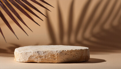 Wall Mural - sandstone podium for luxury product placement with palm leaf shadow in background natural stone mate