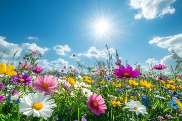 Vibrant flower field under sunny sky 