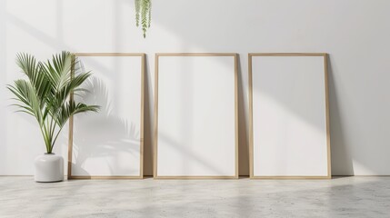 Three vertical white blank wooden framed wall art mockups leaning against the wall in an empty modern room with parquet floor