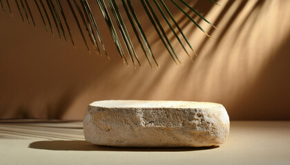 Wall Mural - sandstone podium for luxury product placement with palm leaf shadow in background natural stone mate