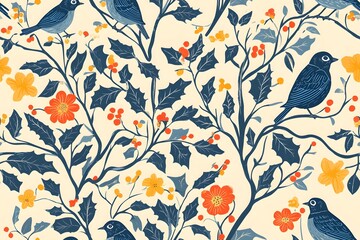 Wall Mural - Floral pattern with birds on branches