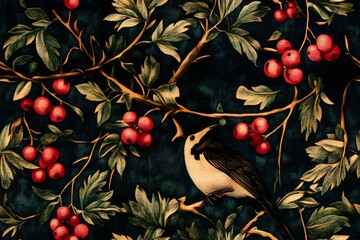 Wall Mural - Floral pattern with bird and berries 