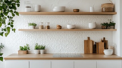 Poster - A modern kitchen features open wooden shelves filled with plants, bowls, and jars. The clean countertop displays cooking utensils against a bright, textured wall, creating an inviting atmosphere.