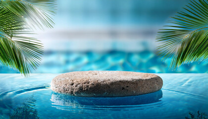 Stone podium stand in luxury blue pool water Summer background of tropical design product placement display Hotel resort poolside backdrop 