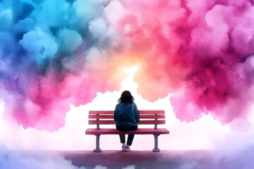 Poster - Watercolor depiction of a person sitting on a park bench, reflecting on past memories as soft colors and light evoke feelings of nostalgia