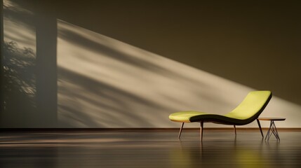 Poster - The minimalist living room showcases a lime-green chaise lounge next to a geometric coffee table, illuminated by soft lighting that enhances the tranquil atmosphere