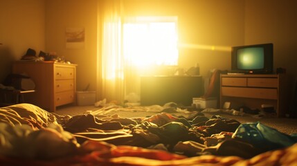 Poster - A disorganized bedroom features an unmade bed, clothes scattered on the floor, and a flickering TV in the corner, illuminated by warm light from the window