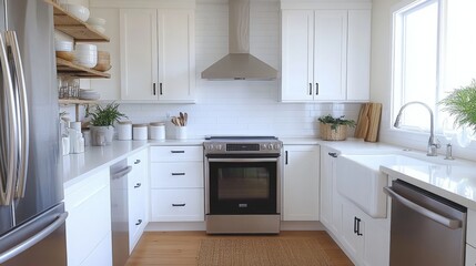 Poster - A modern kitchen showcases sleek white cabinets complemented by stainless steel appliances. Natural light pours in through the window, illuminating clean countertops and decorative plants.