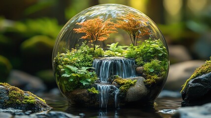 Glass orb with a miniature forest and waterfall, soft forest lighting, mystical and serene