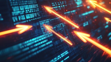 Aufkleber - A futuristic digital background with glowing red arrows pointing upwards on a dark blue background with code.