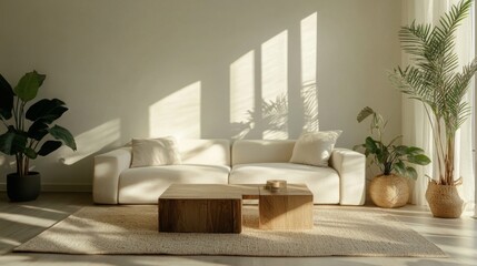 Fototapete - A spacious living area features a cozy white sofa, wooden coffee table, and potted plants, illuminated by gentle afternoon sunlight casting striking shadows across the floor and walls.