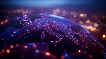 Poster - A 3D globe displays vibrant blue lines linking cities across Europe and Africa, highlighting a network of thriving business growth and communication energy