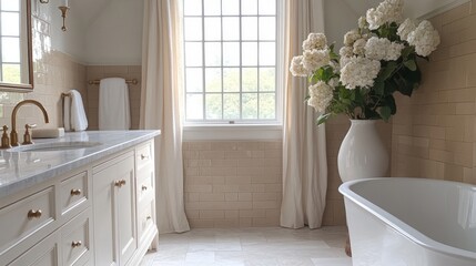 studio mcgee photograph style bathroom with large arched shower antique brass with double heads