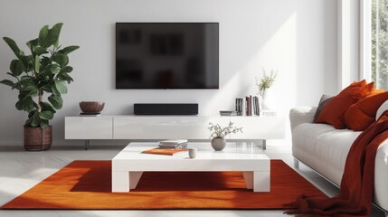 Wall Mural - A white couch with orange pillows sits in a living room with an orange rug. A white coffee table with a book and a cup sits in front of the couch