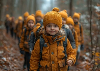 A group of children in yellow jackets walking together through a forest.