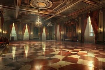 A large, empty ballroom with a chandelier hanging from the ceiling, generative ai image