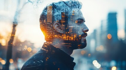 A creative double exposure evocative portrait blending a man's side profile with a lively cityscape lit by nightlights, symbolizing connection and modern life.