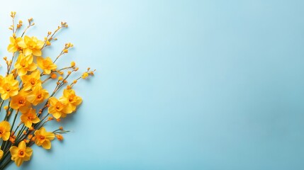 Poster - A vibrant arrangement of yellow narcissus flowers is displayed diagonally on a light sky-blue background, leaving space for text or design elements, radiating a fresh spring ambiance