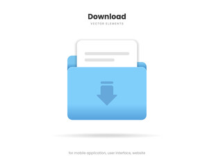 Fototapete - 3d download icon button. Folder icon. Upload icon. Down arrow bottom side symbol. Click here button. Save cloud icon push button for UI UX, website, mobile application.