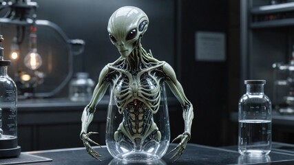 3D rendering of a human skeleton inside a laboratory glassware.