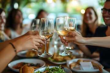 Cheers with wine glasses at a festive dinner gathering