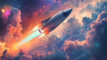 Fototapete - A rocket flies through the air, leaving a bright trail of fire and smoke in its wake. The rocket is flying against a backdrop of colorful clouds and a starry sky.