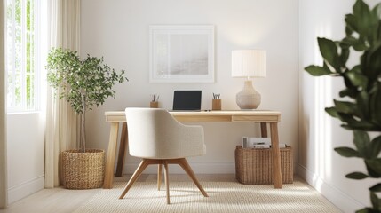 Aufkleber - The workspace showcases a clean desk with a laptop and decorative plant, illuminated by soft sunlight through a window, emphasizing a calming atmosphere ideal for productivity and inspiration.