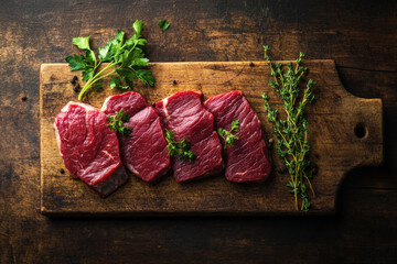 Fresh raw beef steaks with peppercorns and herbs, ready to be cooked