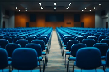 Empty conference hall with blue chairs 