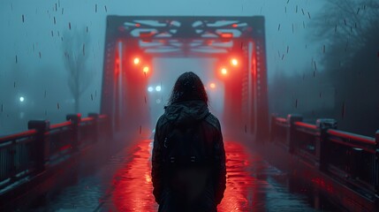 Canvas Print - Silhouette of a Person Walking on a Bridge in the Rain