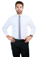Fototapete - Studio, professional and businessman in portrait for ambition, corporate project or pride with smile. Isolated, salesperson and happy with confidence for positive attitude, career or white background
