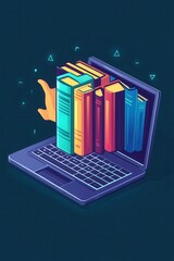 Canvas Print - Illustration of a laptop with colorful books emerging from the screen representing online learning and digital library resources