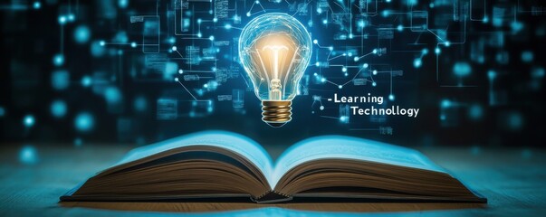 Canvas Print - Open book with glowing light bulb symbolizing innovation and knowledge in e-learning technology