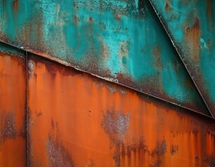 Industrial design Rusty metal wall with patina in orange teal look may used as a background