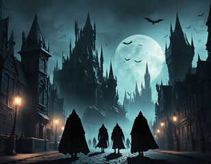 Silhouetted Figures in Wizard and Thief Cloaks Approaching a Towering Black Castle in a Dark Fantasy Cityscape