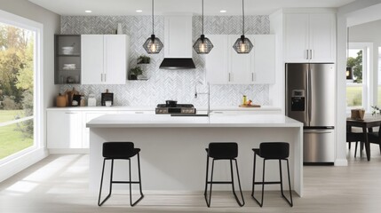 Aufkleber - A contemporary kitchen showcases a bright, open layout featuring stylish cabinetry, a spacious island with seating, and elegant lighting, emphasizing a clean and inviting atmosphere.