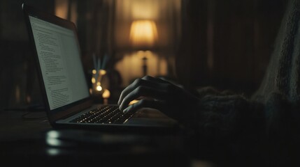 Poster - a person is seen typing on a laptop in a dark room. this image can be used to depict late-night work