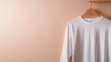Poster - A white long-sleeve T-shirt hangs neatly on a wooden hanger with a smooth, elegant look against a gentle pastel pink wall. The design features ample space for creative artwork