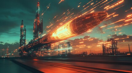 Aufkleber - The image depicts a futuristic scene of a large, glowing rocket taking off from a launchpad. The rocket leaves a glowing trail of orange light as it ascends into the sky