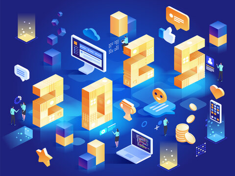 2025 Happy New Year. New innovative ideas. Digital technologies. Isometric technology for new year holiday posters and banners. Vector illustration with trendy geometric elements