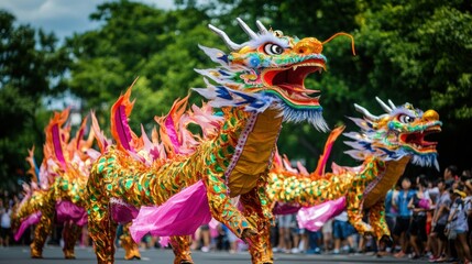 Two colorful dragon costumes dance in a parade,  with spectators in the background.