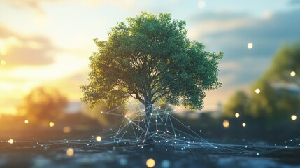 Poster - climate change networking concept with tree and network lines.