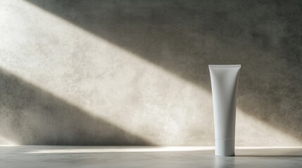 Poster - A premium skincare cream tube stands upright against a light gray backdrop, accompanied by its matching packaging. Gentle sunlight casts shadows, enhancing the luxurious feel